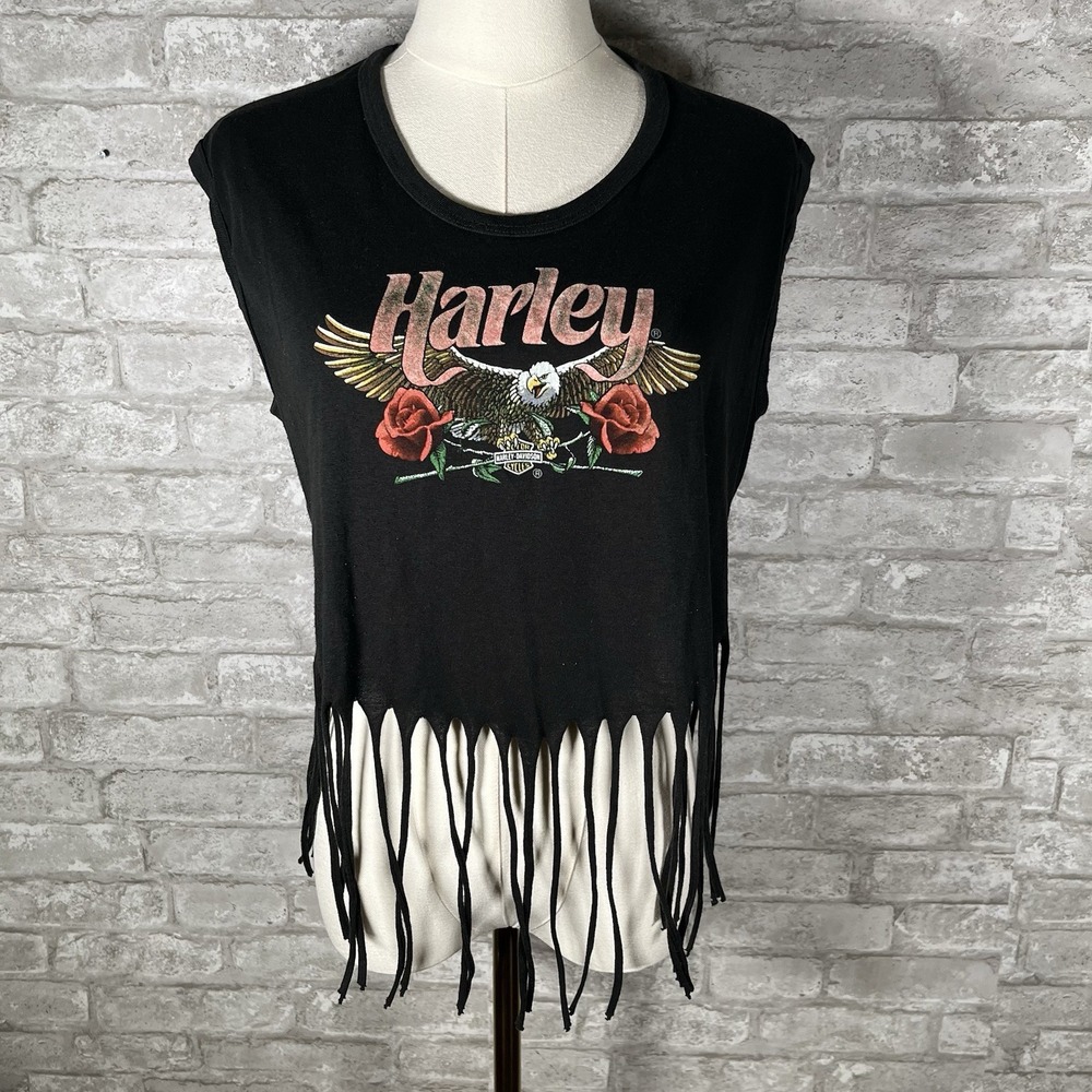 Vintage Harley Davidson 3D Emblem Fringe Top Women's Large Spitzies Albany NY